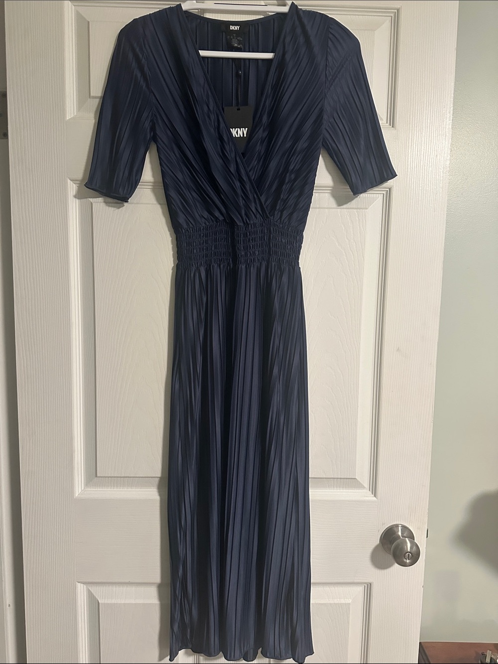 DKNY Navy Pleated V-Neck Midi Dress with Smocked Waist